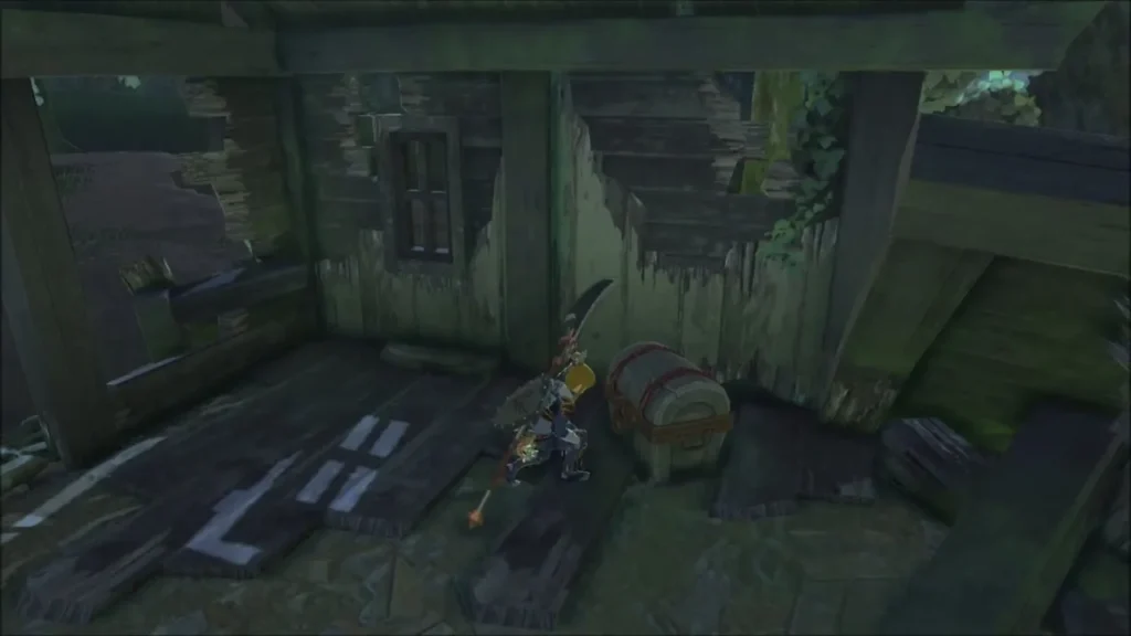 Link beside a treasure chest inside a ruined wooden hut Link beside a treasure chest inside a ruined wooden hut