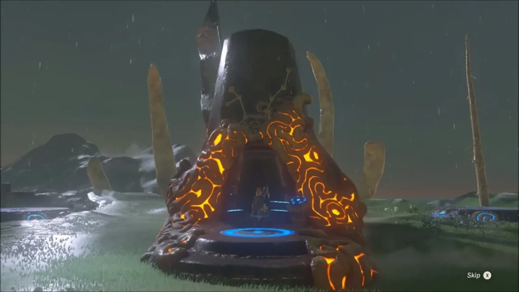 The Tawa Jinn Shrine risen from the ground with Link at its glowing entrance The Tawa Jinn Shrine risen from the ground with Link at its glowing entrance