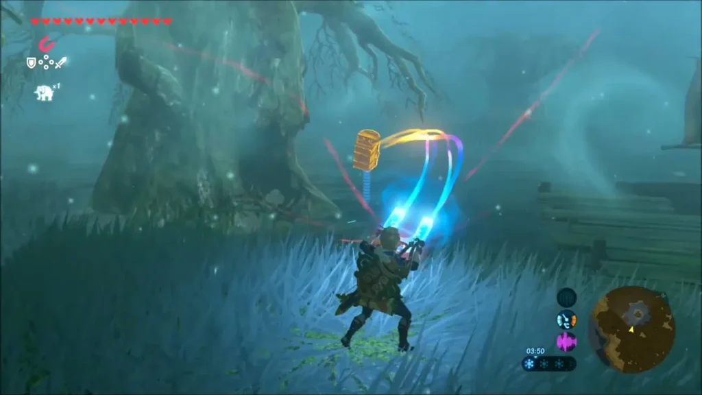 Link lifting the treasure chest with Magnesis near the dock Link lifting the treasure chest with Magnesis near the dock