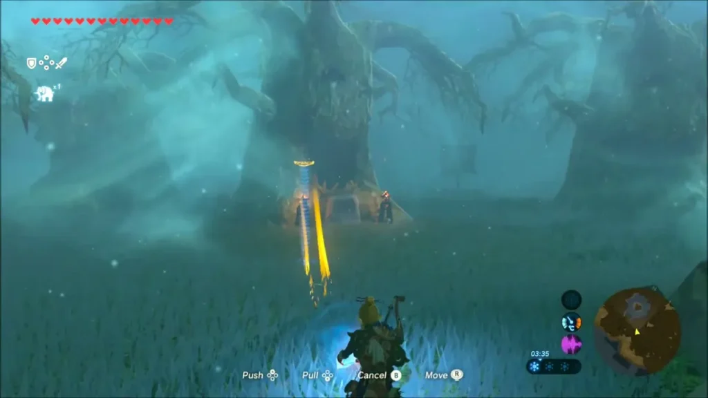 Link using Magnesis to carry the rusty shield toward the hungry tree Link using Magnesis to carry the rusty shield toward the hungry tree