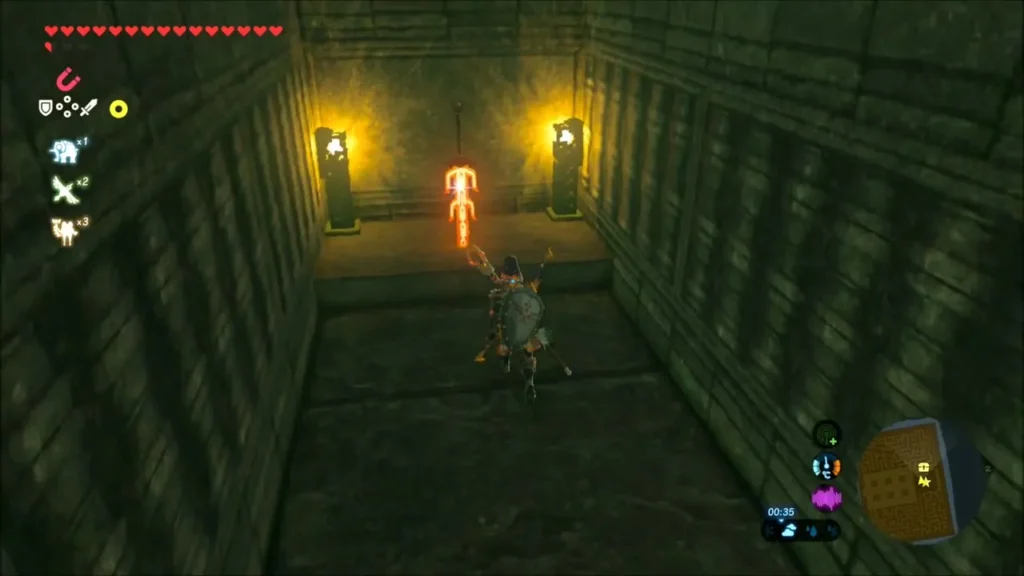 Link approaching a passage with two lit lamp posts at its end
