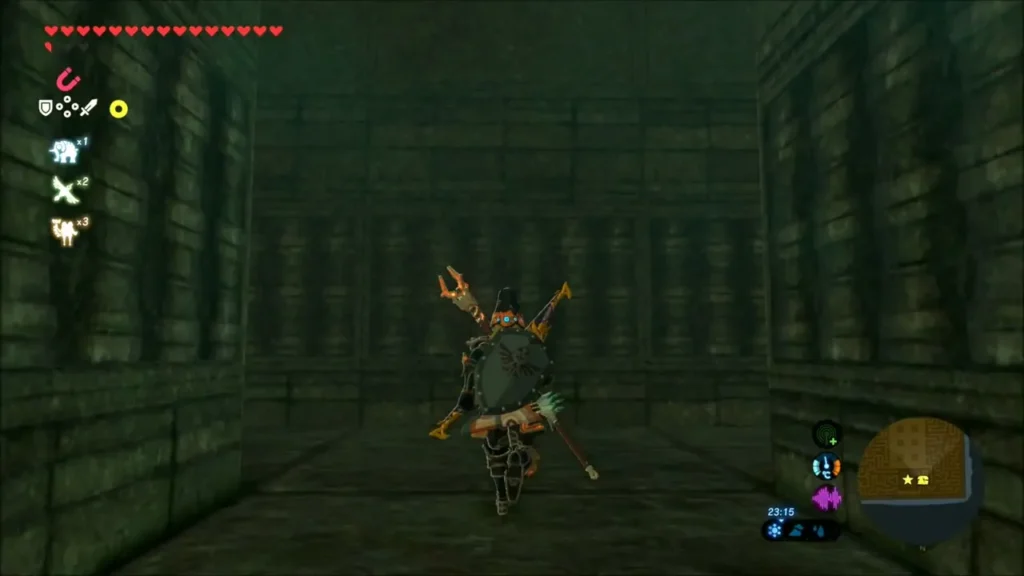 Link running through a straight stone maze passage