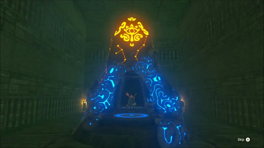Link at the glowing Tu Ka'loh Shrine at the end of the maze