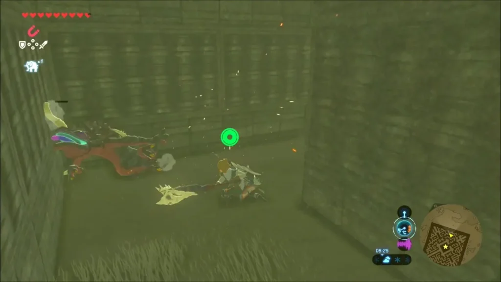 Link striking down a Lizalfos in a narrow maze passage Link striking down a Lizalfos in a narrow maze passage