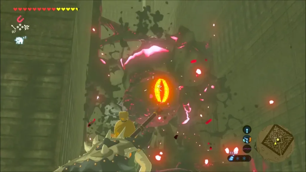 Link aiming a bow at the glowing Malice eye Link aiming a bow at the glowing Malice eye