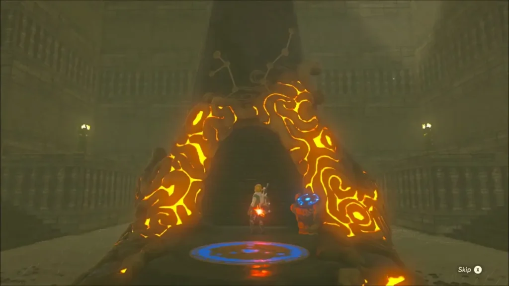 Link at the glowing orange shrine entrance in the central chamber Link at the glowing orange shrine entrance in the central chamber