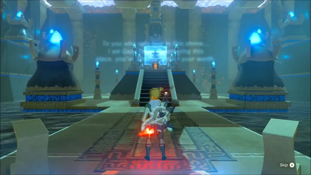 Link entering the Qaza Tokki Shrine chamber, the monk waiting at the far end of the stairs Link entering the Qaza Tokki Shrine chamber, the monk waiting at the far end of the stairs