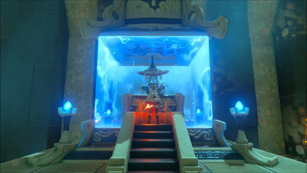 The monk behind a glowing blue barrier at the top of the shrine stairs The monk behind a glowing blue barrier at the top of the shrine stairs