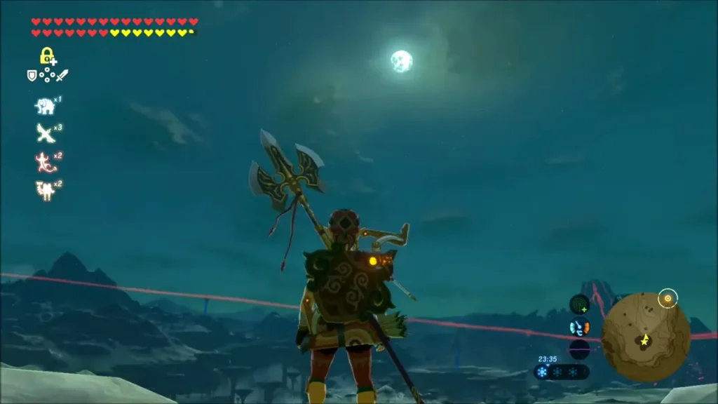 Link beneath a glowing moon in the night sky over Hyrule Ridge Link beneath a glowing moon in the night sky over Hyrule Ridge