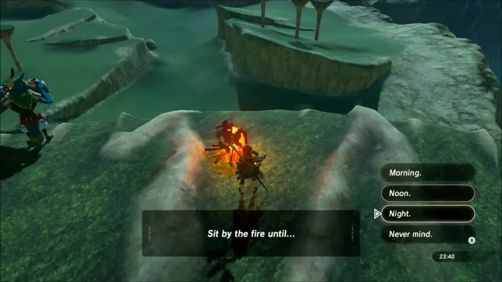 Link resting at a campfire with the choice to wait until night Link resting at a campfire with the choice to wait until night