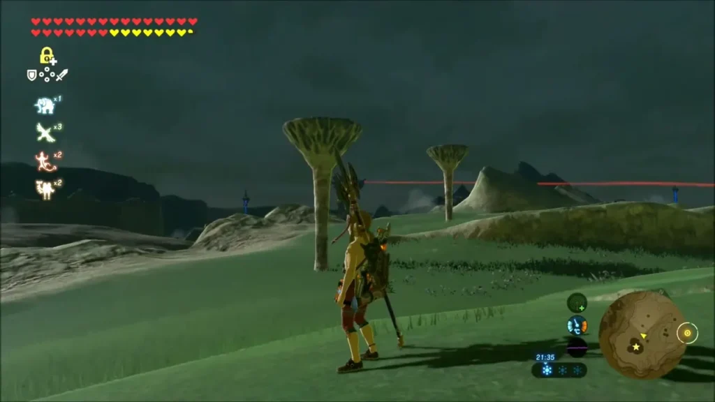 Link crossing the grass among the mushroom-shaped pillars of Hyrule Ridge Link crossing the grass among the mushroom-shaped pillars of Hyrule Ridge