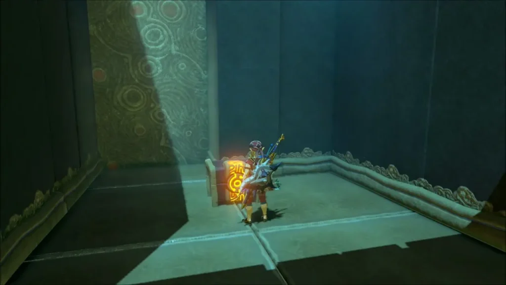 Link standing beside a glowing stone chest Link standing beside a glowing stone chest