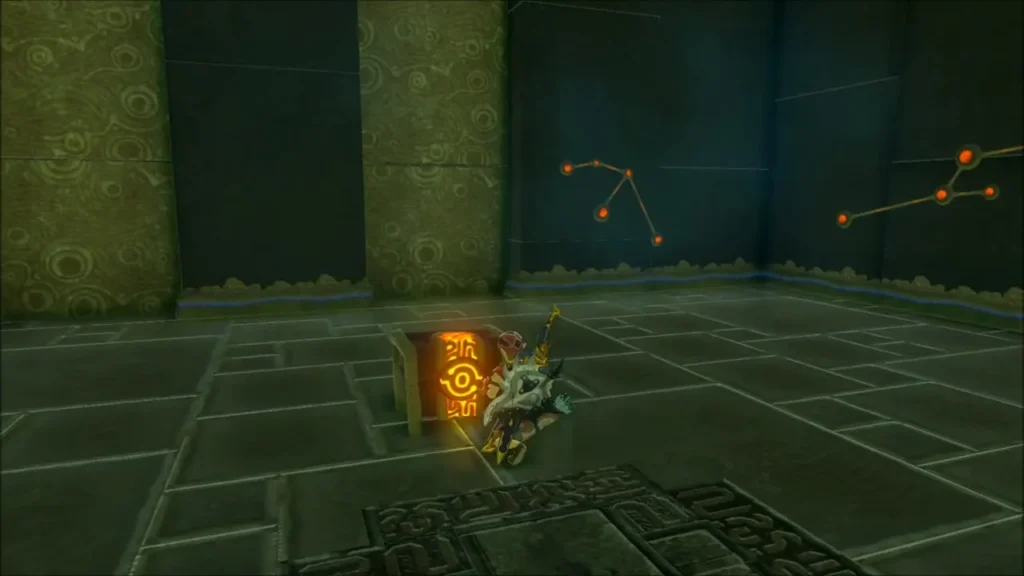 Link opening a glowing chest on the shrine floor Link opening a glowing chest on the shrine floor