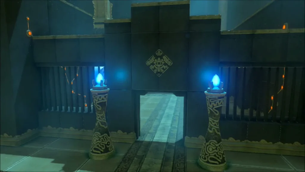 A gate opens between two blue flame torches, showing the way on A gate opens between two blue flame torches, showing the way on