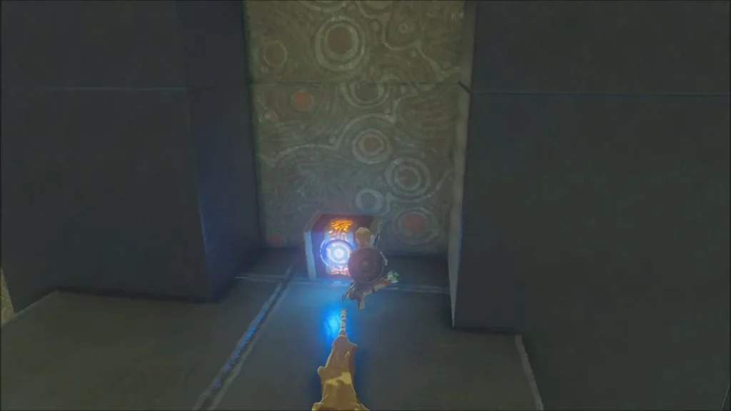 Link opening the glowing chest on the ledge Link opening the glowing chest on the ledge