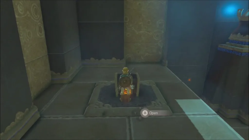 Link standing beside a chest on the first platform of Bosh Kala Shrine Link standing beside a chest on the first platform of Bosh Kala Shrine