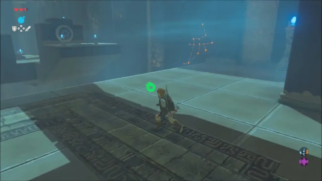 Link running along the left platform of Bosh Kala Shrine Link running along the left platform of Bosh Kala Shrine