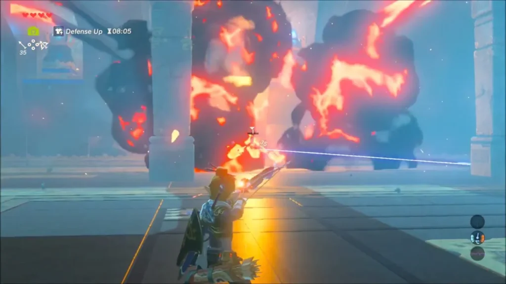 Link drawing a bow as a fiery blast erupts and the laser line crosses the shrine hall Link drawing a bow as a fiery blast erupts and the laser line crosses the shrine hall