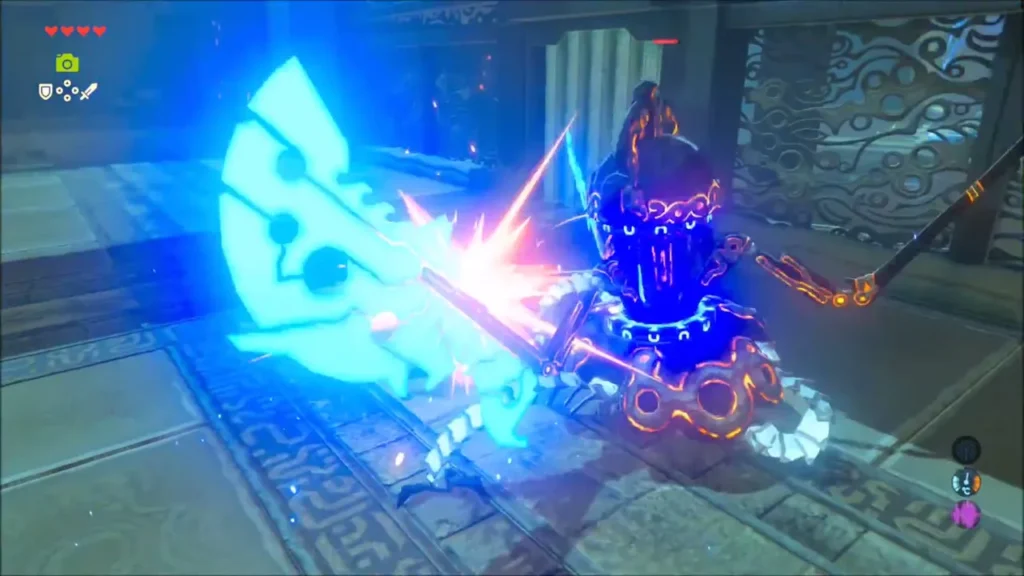 Link striking the Guardian Scout as its axe swings past Link striking the Guardian Scout as its axe swings past