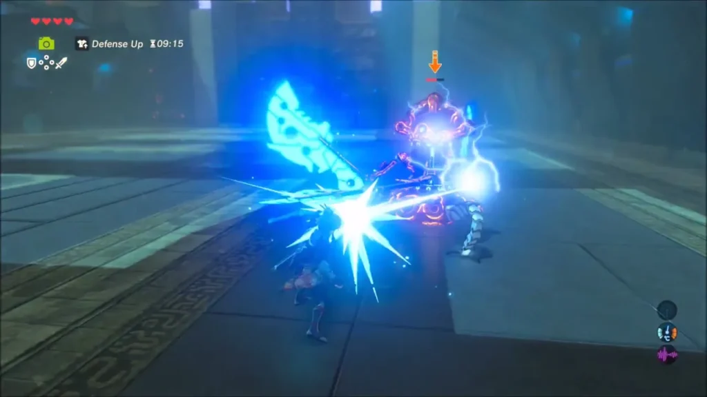 Link landing a hit on the Guardian Scout after dodging its swing Link landing a hit on the Guardian Scout after dodging its swing