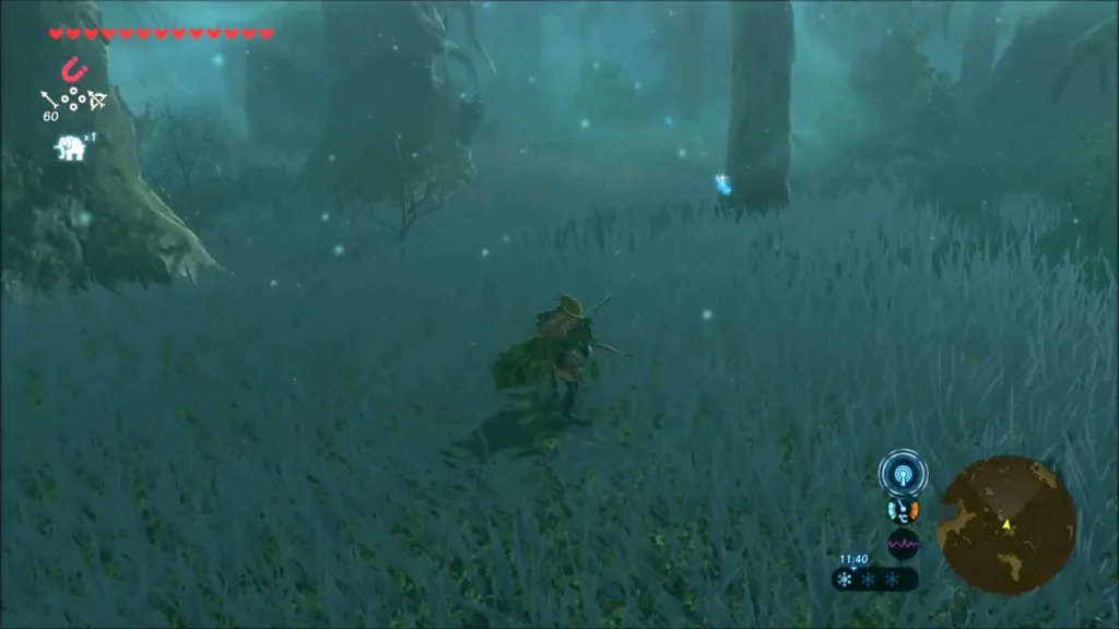 Link with bow drawn moving through dark grass in the forest Link with bow drawn moving through dark grass in the forest