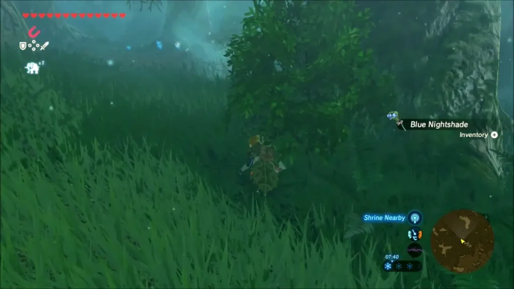 Link sneaking past a bush with the Shrine Nearby notice showing Link sneaking past a bush with the Shrine Nearby notice showing
