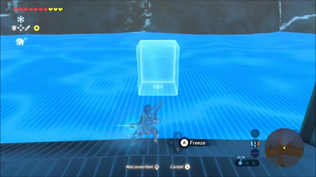 Link aiming Cryonis at the water to make an ice block Link aiming Cryonis at the water to make an ice block