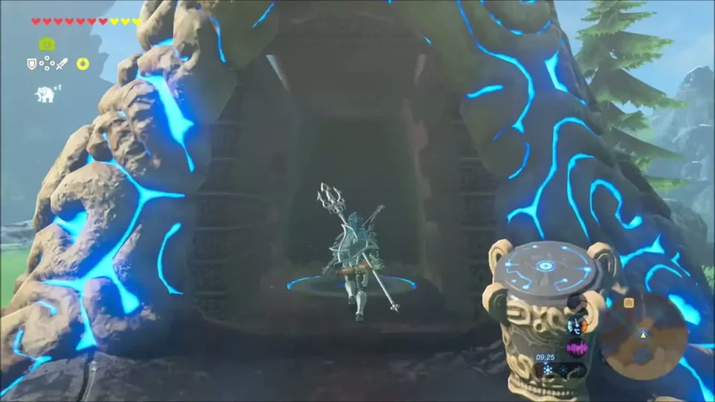 Link with the trident at the glowing blue shrine entrance Link with the trident at the glowing blue shrine entrance