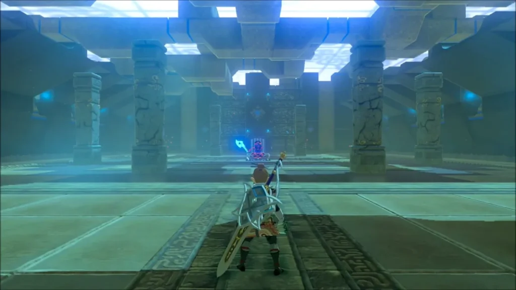 Link facing the Guardian Scout across the Dah Hesho Shrine trial hall Link facing the Guardian Scout across the Dah Hesho Shrine trial hall