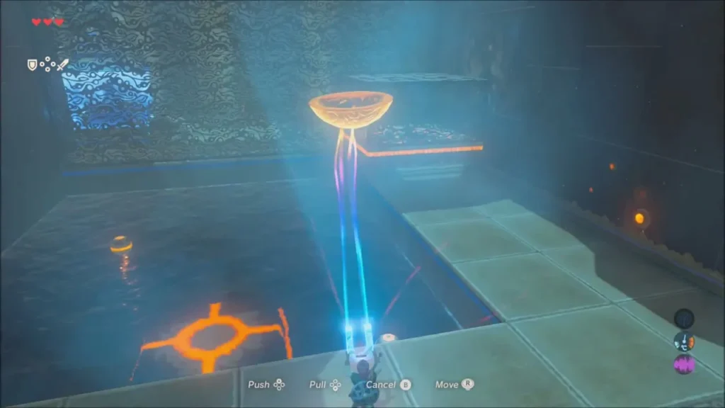 Magnesis-lifted metal bowl hovering over the shrine pool Magnesis-lifted metal bowl hovering over the shrine pool
