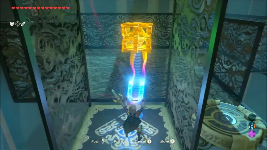 Link moving a cage onto the pad with Magnesis inside Dako Tah Shrine Link moving a cage onto the pad with Magnesis inside Dako Tah Shrine