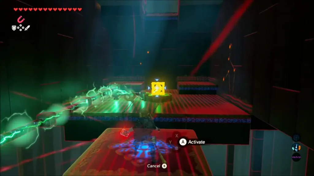Link riding the platform across the pit toward the far side Link riding the platform across the pit toward the far side
