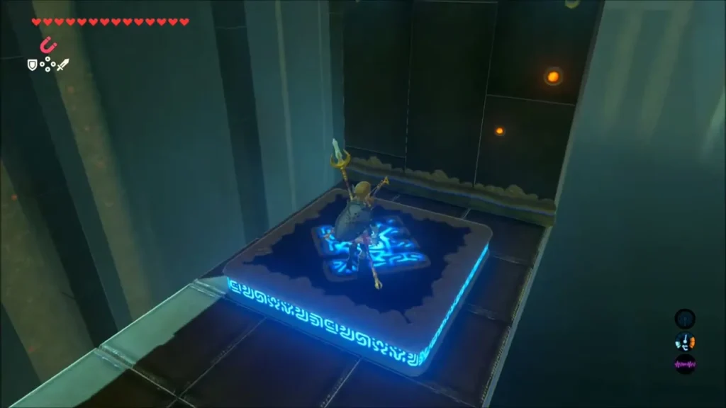 Link riding the glowing platform upward in Dako Tah Shrine Link riding the glowing platform upward in Dako Tah Shrine