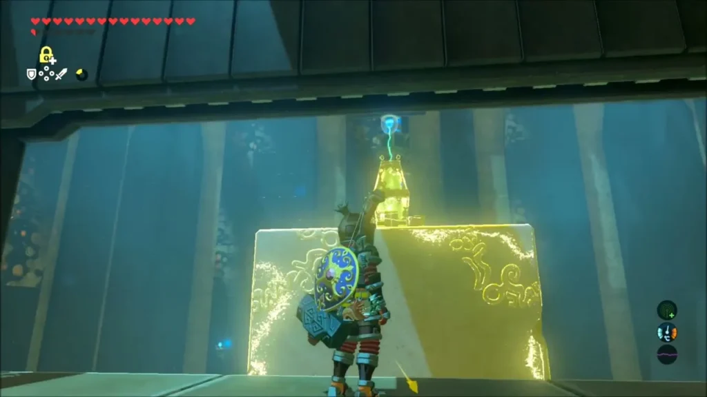 Link beside the glowing Stasis-frozen block below the ledge