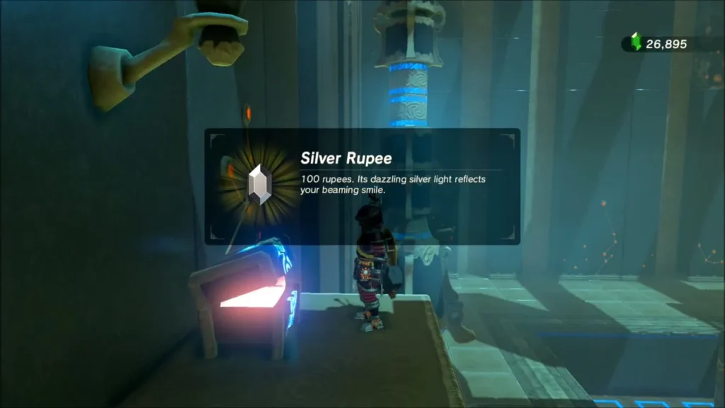 Link opening the chest and receiving a Silver Rupee