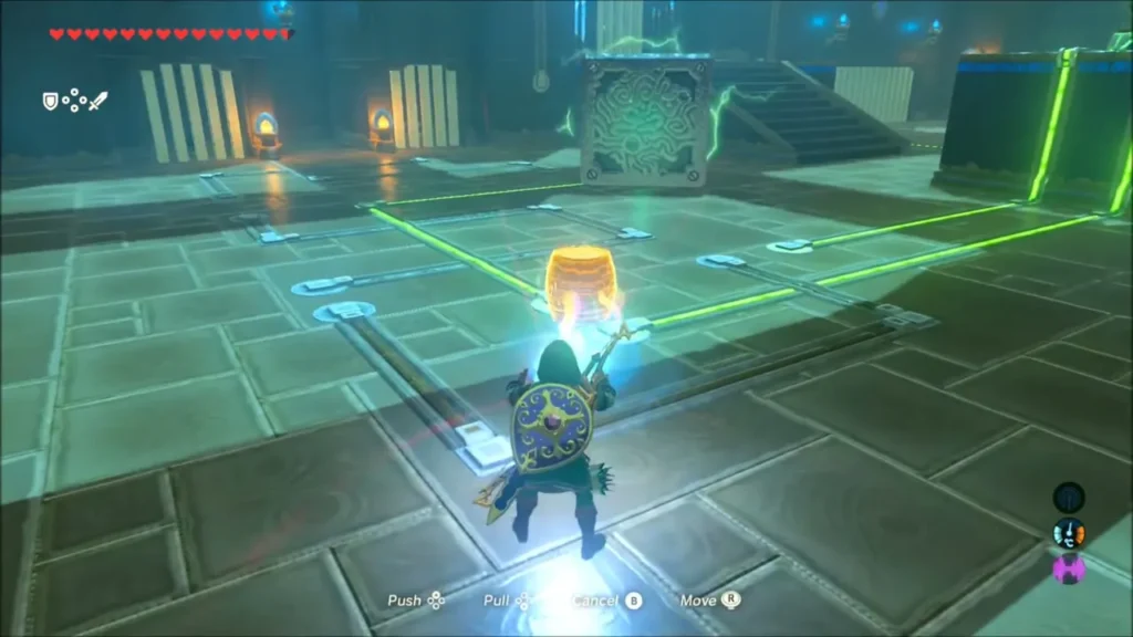 Link holding a metal barrel with Magnesis beside a glowing line in Daqo Chisay Shrine Link holding a metal barrel with Magnesis beside a glowing line in Daqo Chisay Shrine