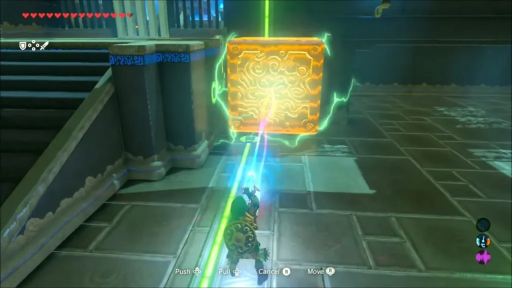 Link carrying the metal block along a glowing line beside the stairs Link carrying the metal block along a glowing line beside the stairs
