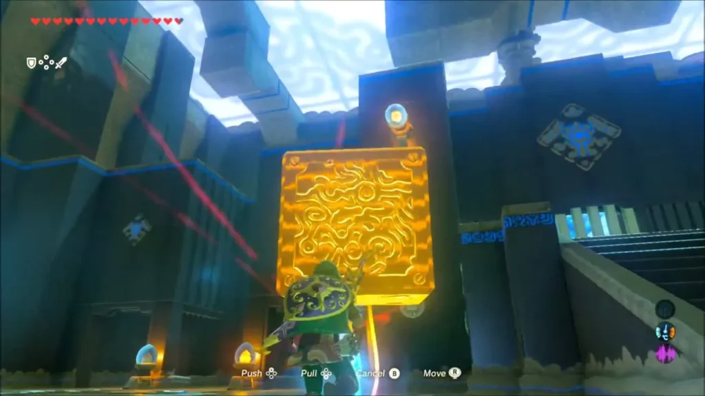 Link moving a glowing metal block beside the throne-room stairs Link moving a glowing metal block beside the throne-room stairs