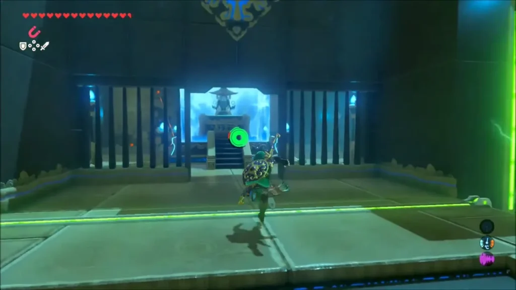 Link running toward the opened doors and the shrine monk beyond Link running toward the opened doors and the shrine monk beyond