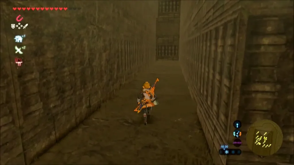Link running down a narrow sandstone corridor of the South Lomei Labyrinth