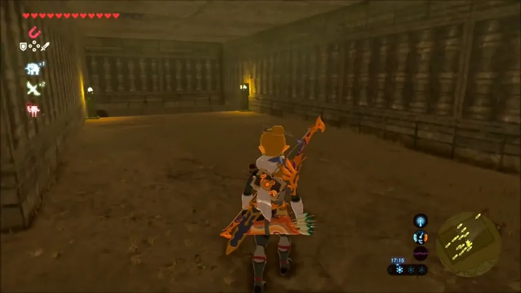 Link crossing a wider torch-lit chamber between labyrinth corridors