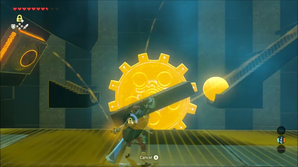 Link freezing the cogwheel with Stasis so the platform stays flat Link freezing the cogwheel with Stasis so the platform stays flat