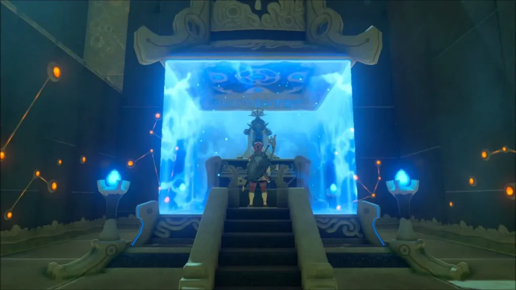 Link walking up the steps to the glowing altar where Dunba Taag sits Link walking up the steps to the glowing altar where Dunba Taag sits