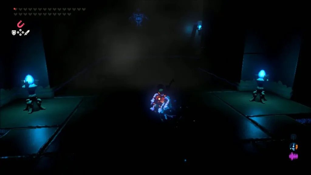Link crossing the dark first room lit by blue torches Link crossing the dark first room lit by blue torches