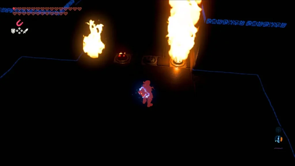 Link approaching a tall flame pillar along the dark path Link approaching a tall flame pillar along the dark path