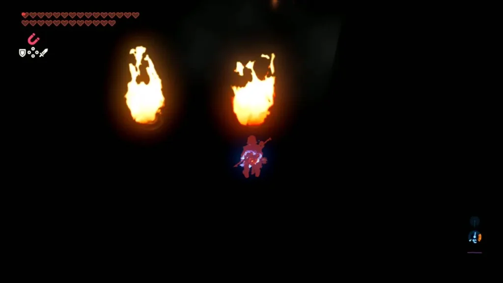 Link facing flame pillars on the narrow path Link facing flame pillars on the narrow path