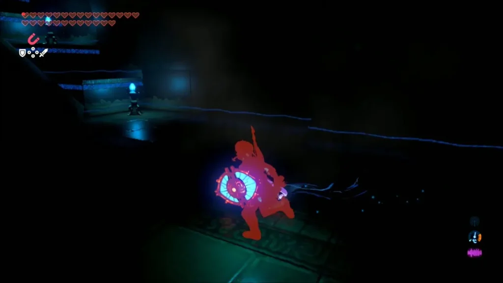 Link raising his shield during the Guardian Scout fight Link raising his shield during the Guardian Scout fight