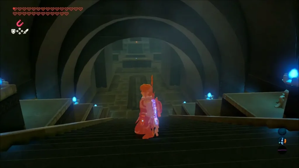 Link heading down the long dark staircase toward the monk's chamber Link heading down the long dark staircase toward the monk's chamber