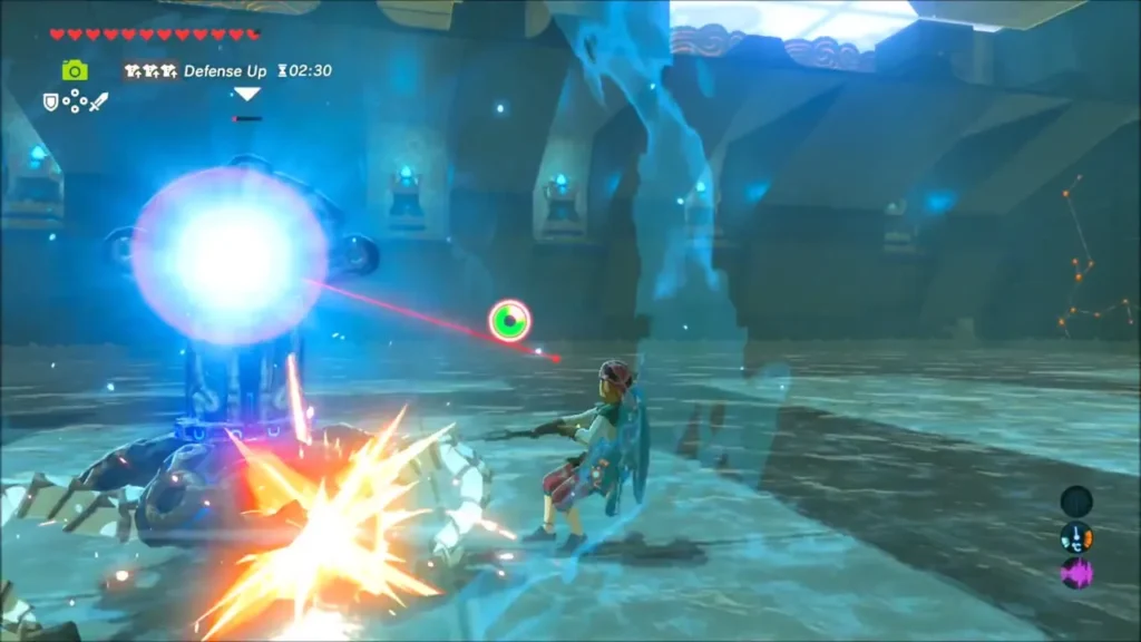 Link striking the Guardian Scout as its charged shot builds Link striking the Guardian Scout as its charged shot builds