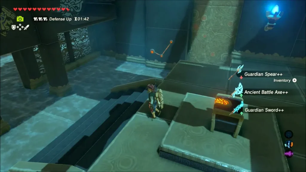 Link at the chest with the Guardian weapons dropped by the scout Link at the chest with the Guardian weapons dropped by the scout